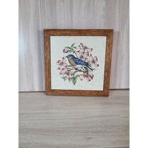 Bird Dogwood Ceramic Tile Trivet Wood Frame 7.5" Kitchen Hot Plate Nature Decor